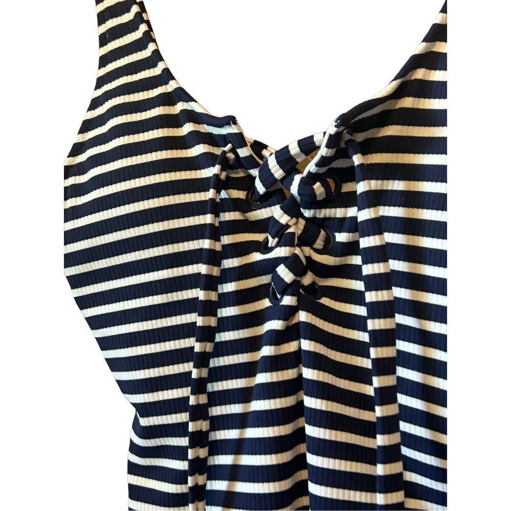 Aerie One Piece Swimsuit Womens Small Long Navy White Striped Lace Up Ribbed EX - Picture 3 of 5